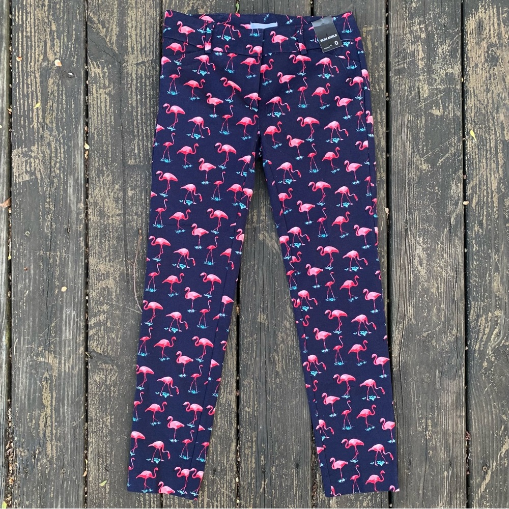 New York & Company navy blue and pink flamingo pants- 0 ankle- NWT